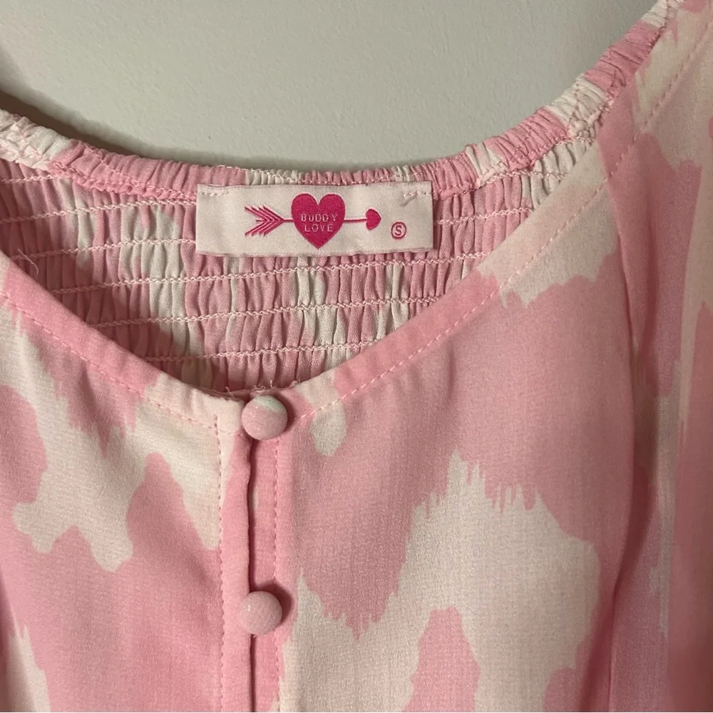 Anthropologie Buddy Love Pink White Abstract Print Puff Sleeve Demi Top